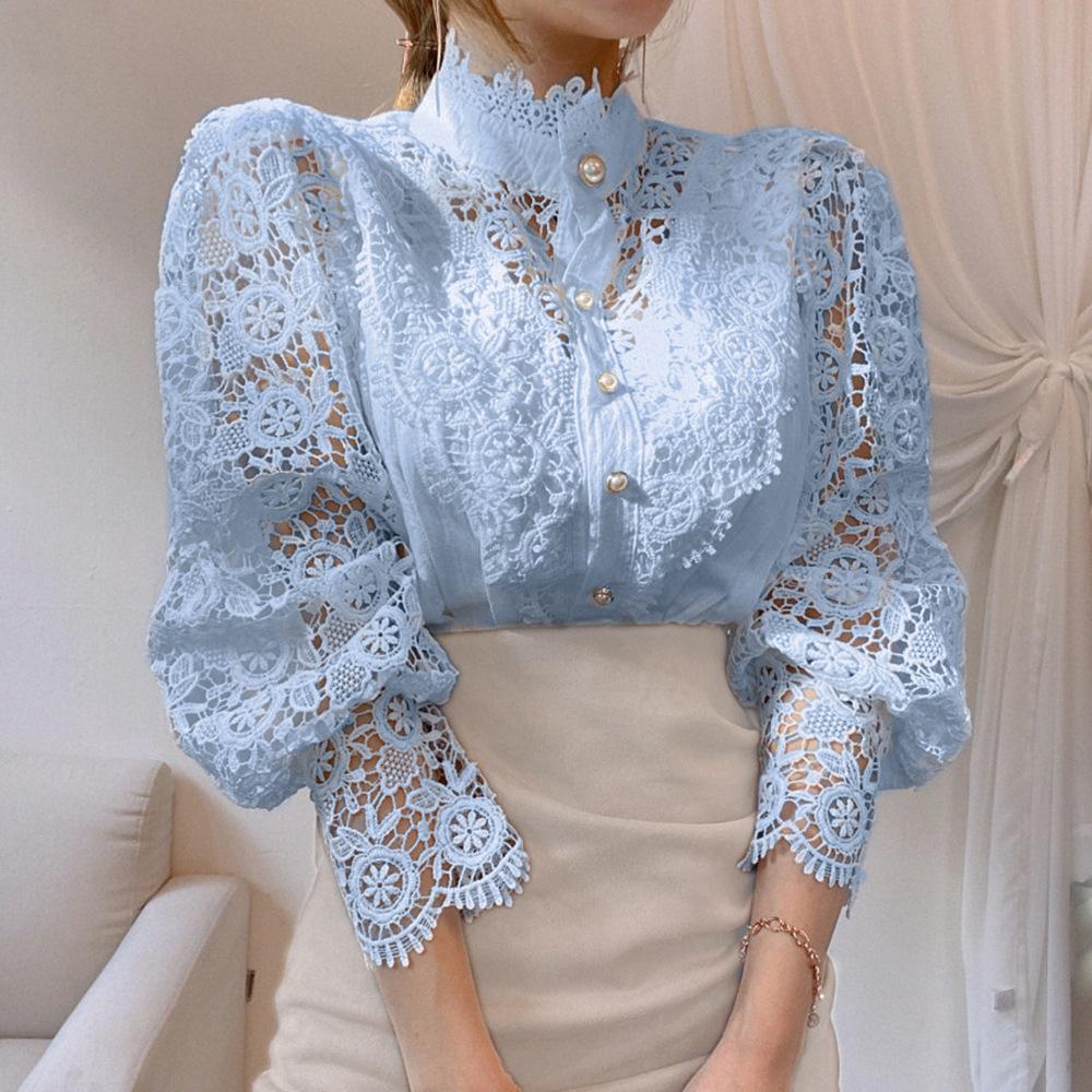 Cămașă cu guler țesut cu nasturi din șifon pentru femei, șic, elegantă, cu dantelă florală, pufos, cu mânecă lungă, bluză albă supradimensionată, la modă
