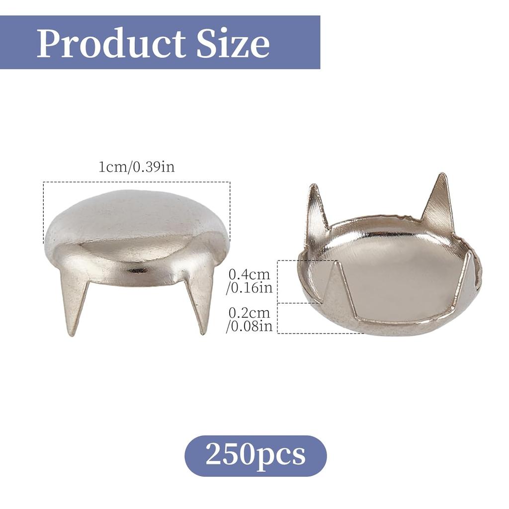 NICENEEDED 250 Pcs Round Dome Rivets, 10 Mm Claw Nailheads Spots Stud, Silver Head Spike Prong Nail Punk Rock Nailheads Claw Beads for DIY Clothes