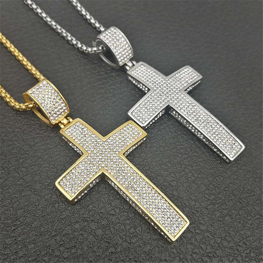 Iced Out Chain Big Cross Pendant Necklace Stainless Steel CZ Cross Necklaces Bling Cubic Zircon Men's Hip Hop Jewelry XL1134