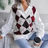 Women Spring Fall Knitted Vest Sweater Jumper Pullovers Top V-neck Sleeveless Diamond Patchwork Stitching S-L