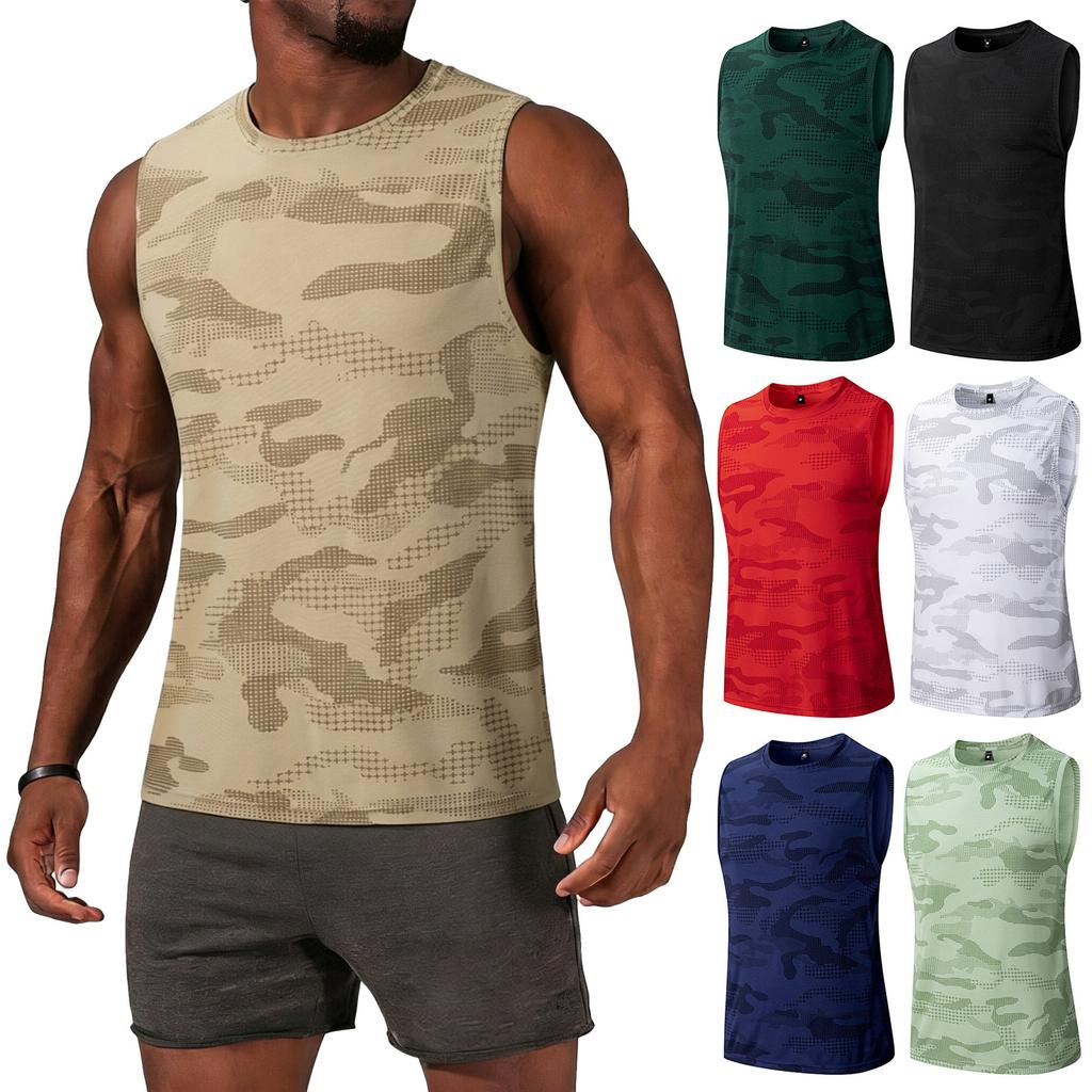 Men Sleeveless Athletic Tank Top Crew Neck Camo Print Lightweight Breathable Quick Dry Sports Shirt for Training Running Gym