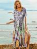 EDOLYNSA Multicolored Bikini Cover-ups Kaftan Sexy V-neck Half Sleeve Boho Summer Beach Dress Plus Size Beachwear Swimsuit Cover Up Q1166