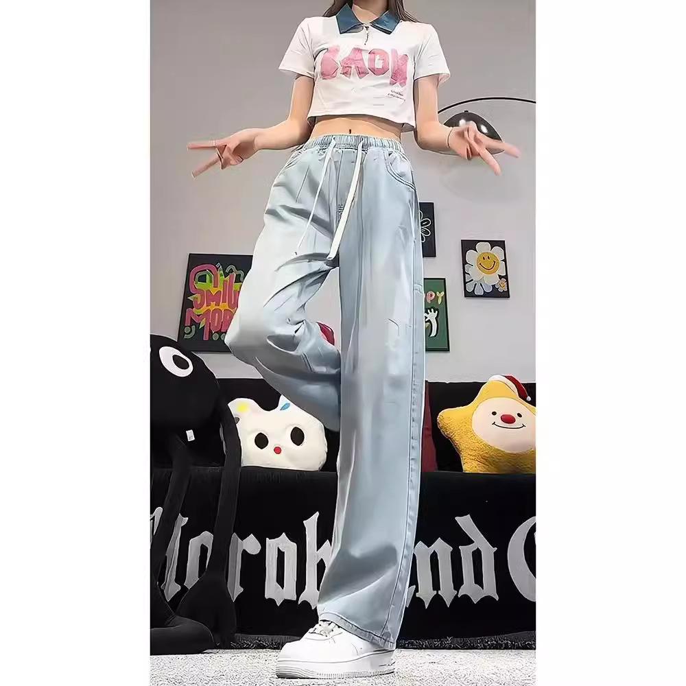 Jeans women's straight tube loose spring autumn and winter new high waist thin small wide leg mopping pants