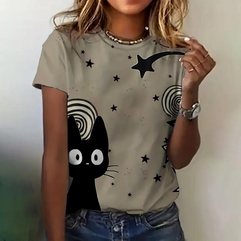 Fashionable Round Neck Short Sleeved Cat Cartoon Top