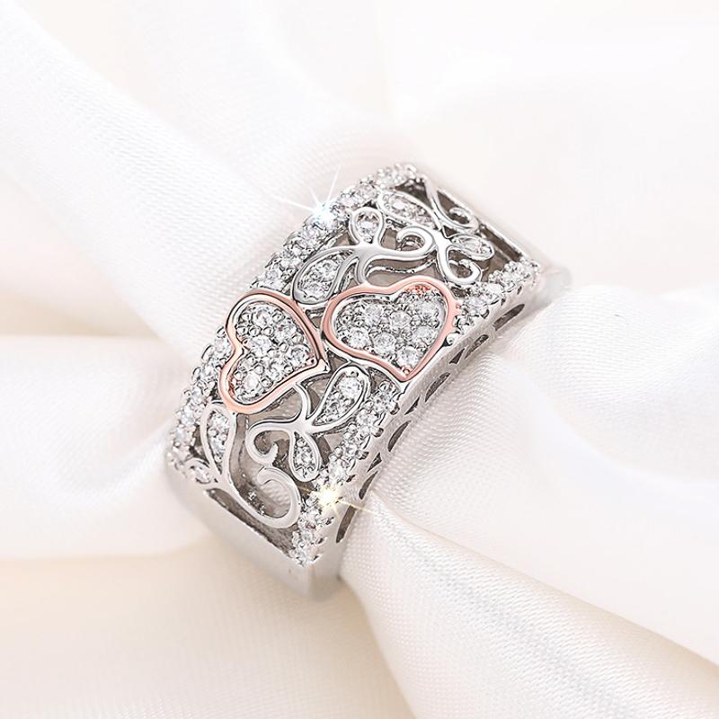 Huitan Einzigartiges Design Doppelherz Zweifarbige Ringe Damen für Verlobung Hochzeit Wunderschöne Brillante CZ Ringe Luxuriös Trendig