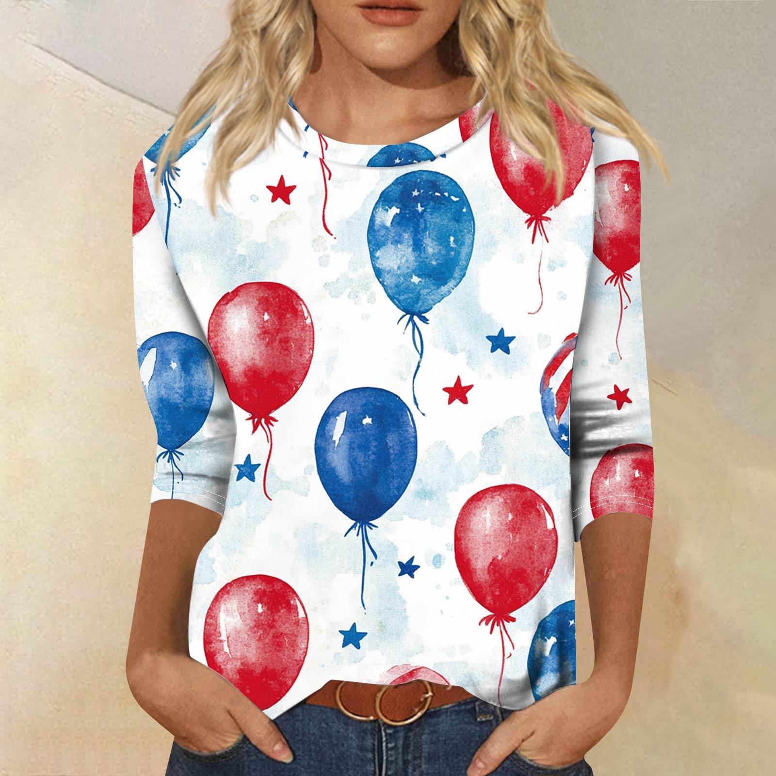 

Женская мода повседневный топ с круглым вырезом и принтом на День независимости с семью рукавами M