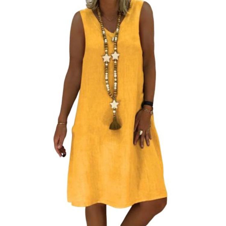 Summer Vacation Beach Dress Lady Sleeveless V Neck A Line Solid Color Knee Length Midi Pullover Vest Dress