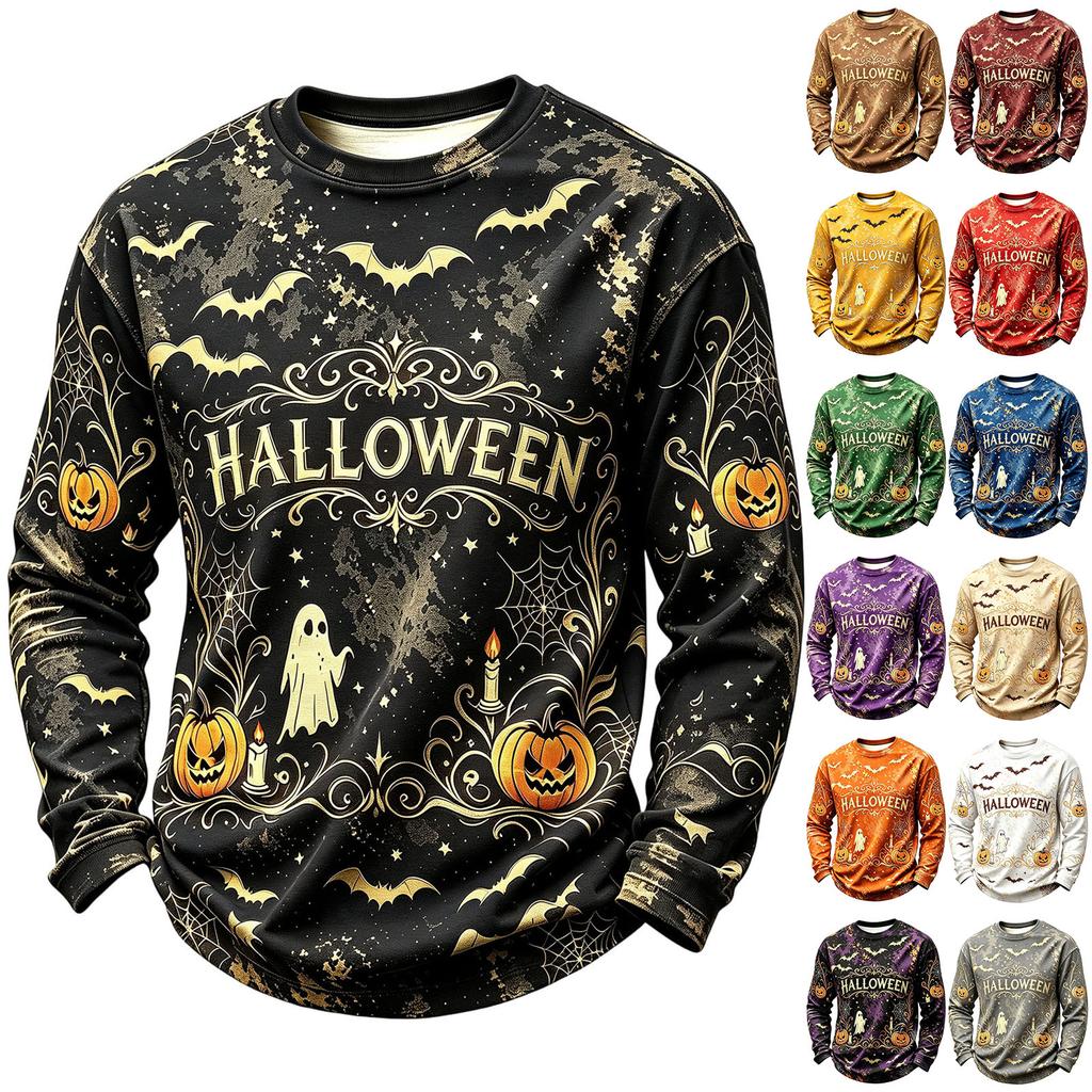 Men's Casual Knit Neck Long Sleeve Top with Halloween Print