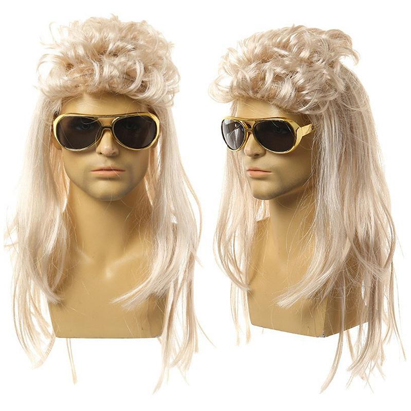 70er 80er Rocker Kostüm Heavy Metal Männer Frauen Perücke mit Bandana Sonnenbrille Halskette Party Bekleidung