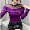 Spring Autumn Long-Sleeved Women's T-shirt Fashion Shiny Ruffles Diamonds Tops Femme Sexy Perspective Mesh Tees Clothes