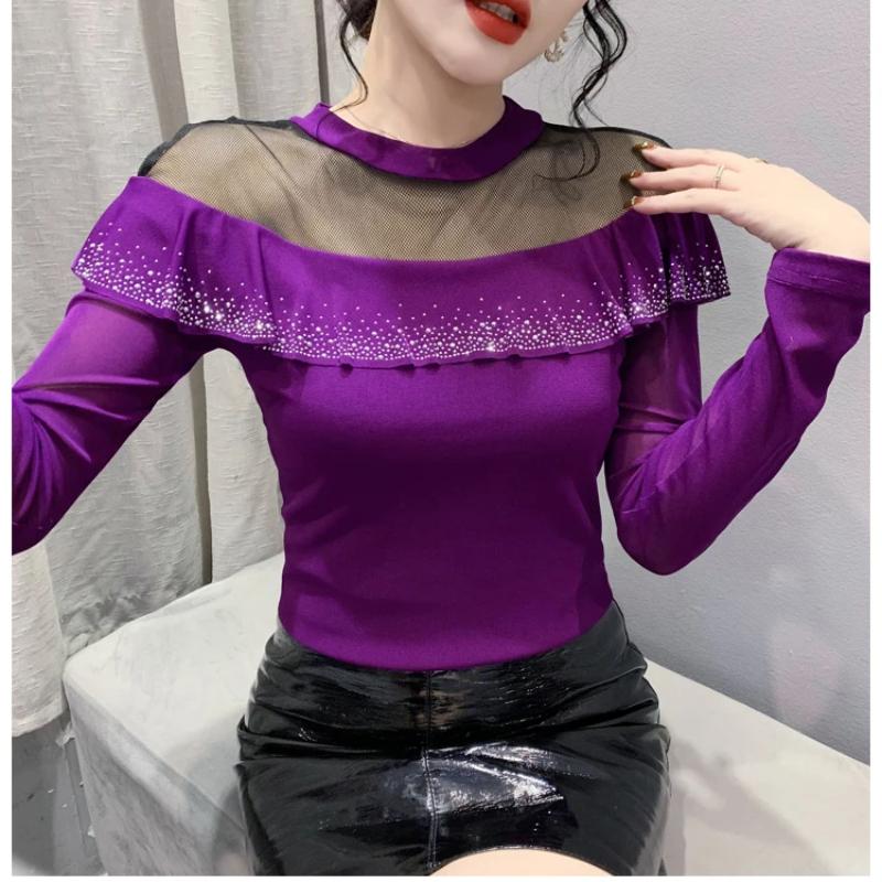 Spring Autumn Long-Sleeved Women's T-shirt Fashion Shiny Ruffles Diamonds Tops Femme Sexy Perspective Mesh Tees Clothes