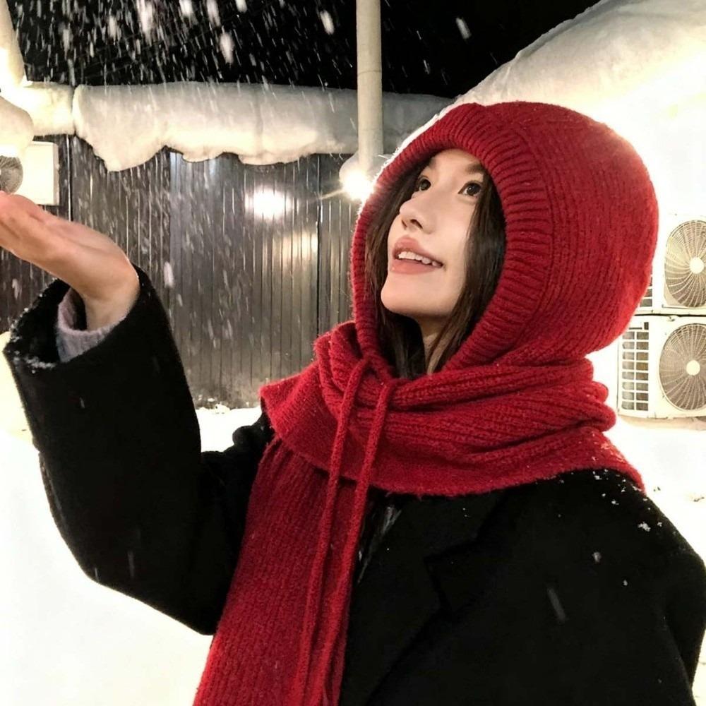 Korean Style Hood Scarf Combo Thick Knit Knitted Hooded Beanie Winter Balaclava Hat Cold Weather