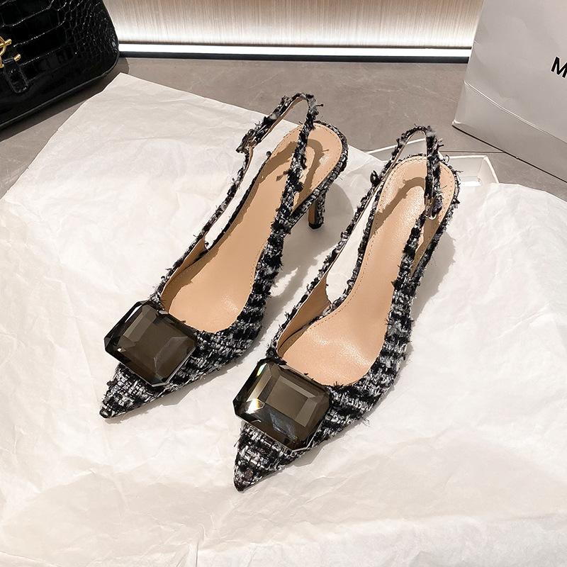 2025 spring new temperament bag head empty sandals pointed head rhinestone stiletto women's shoes woolen surface sheepskin inner spring