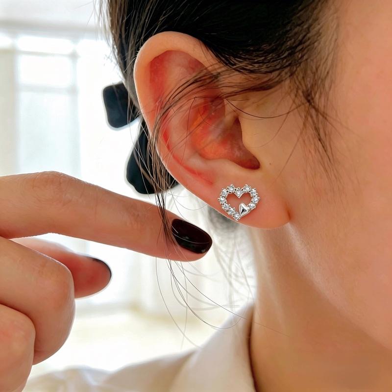 925 Sterling Silver Heart Stud Earrings Gold Plated Paved Zircon Love Hoop Earrings for Women Fashion Jewelry