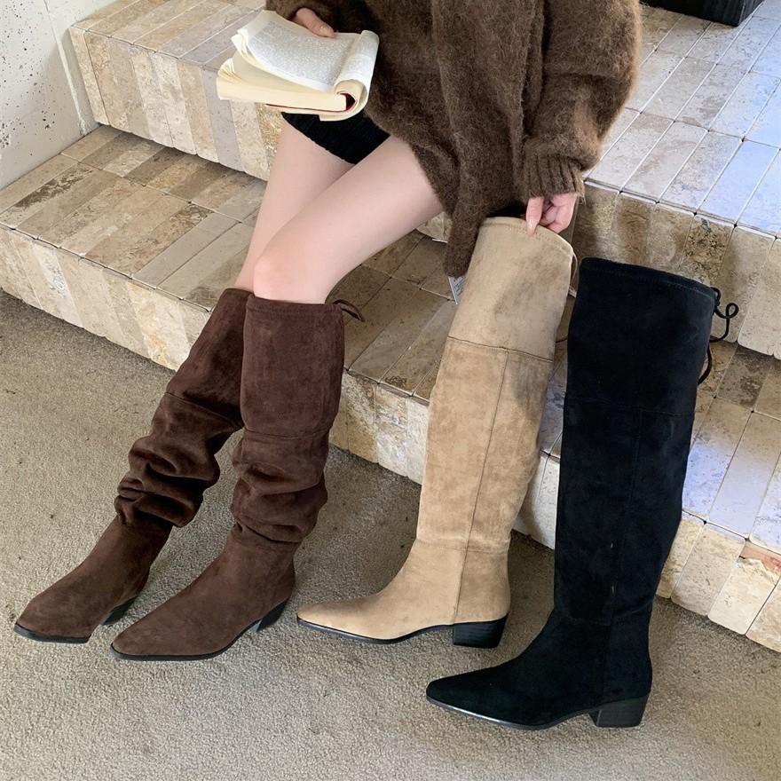 Over-knee women's boots 23 autumn and winter thick heel strap-up high elastic boots 3cm suede flat-bottomed knight boots