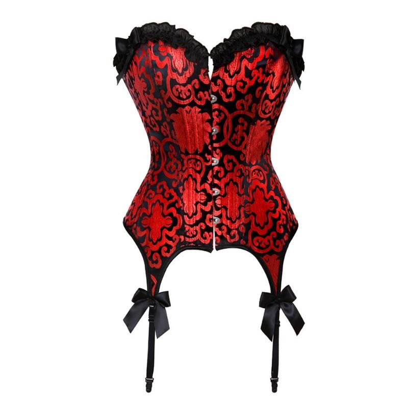 Red Embroidered Lace Corset With Garters European Court Bustier