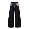 Unisex Relaxed Fit Denim Jeans With Deconstructed Flag Print Contrast Stitching Button Fly Mid-Rise Straight Cut