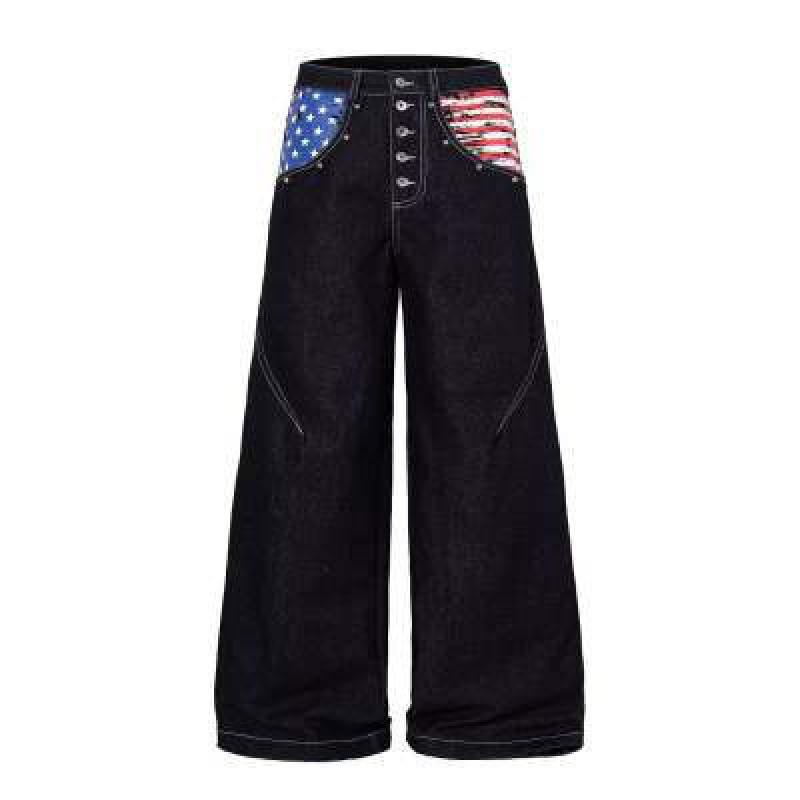 Unisex Relaxed Fit Denim Jeans With Deconstructed Flag Print Contrast Stitching Button Fly Mid-Rise Straight Cut