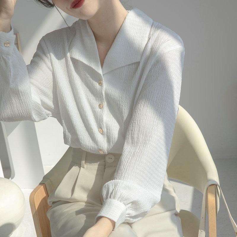 Spring and Autumn  Textured Muscle Lapel Shirt Female Long-sleeved Loose Casual Design Sense Niche Shirt