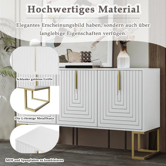 U-shaped Handle Metal Legs Kitchen Cabinet with 3 Doors Height-Adjustable Shelves Coffee Bar Storage Cabinet Dining Room Furniture, White