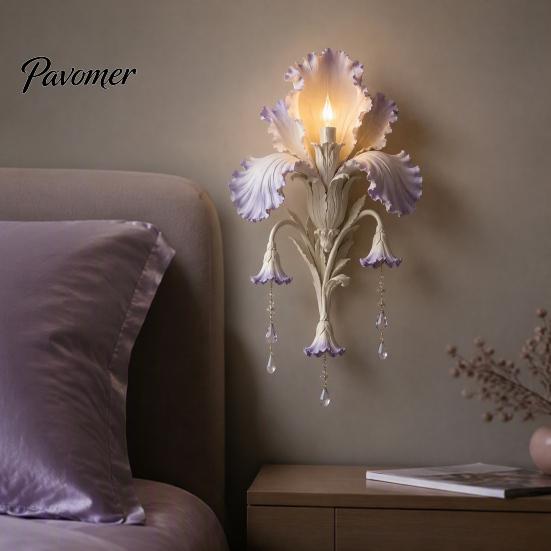 Modern Iris Petal Lamp Bloom Wall Sconce, Vintage Floral Light with Faux Crystal Sconce Drops, Romantic Purple Ambient for Bedroom Living Room