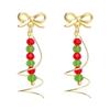 Gold Plated Christmas Tree Beaded Ear Clips - Handmade Bow Design for Non-Pierced Ears