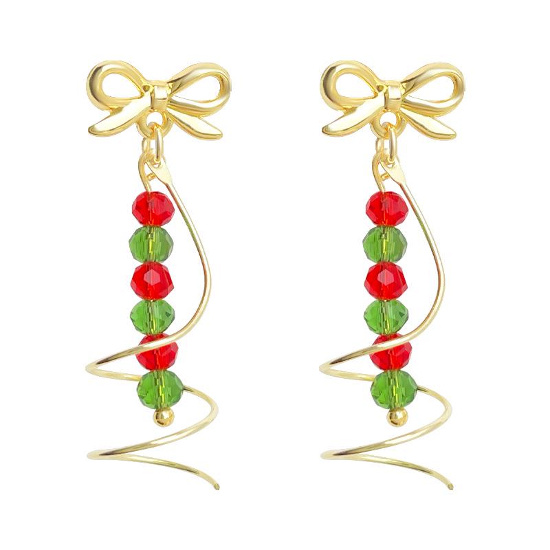 Gold Plated Christmas Tree Beaded Ear Clips - Handmade Bow Design for Non-Pierced Ears