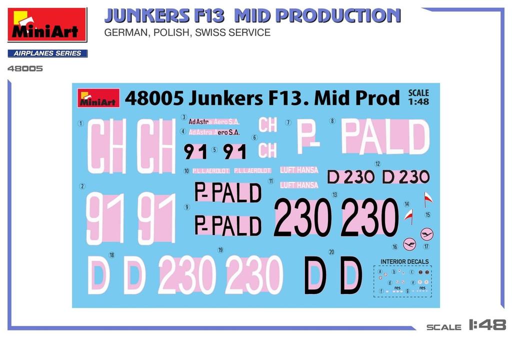 Miniart Junkers F13 Switzerland Plastic Model Kit MA48005 1/48 Mid-Production Germany, Poland, (Airplane)