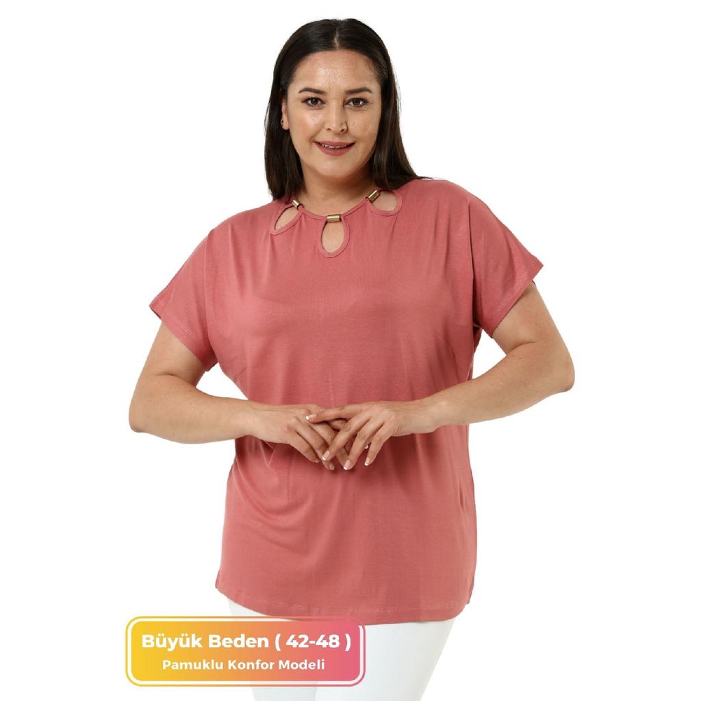 Plus Size Comfort Model Stylish Collar Detailed Cotton Curve Short Sleeve Summer Evening Dress Tunic T-shirt