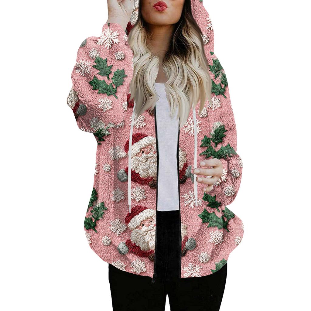 Women's Fashionable Casual Zippered Hooded Christmas Print Drawstring Furry Sweatshirt Jacket