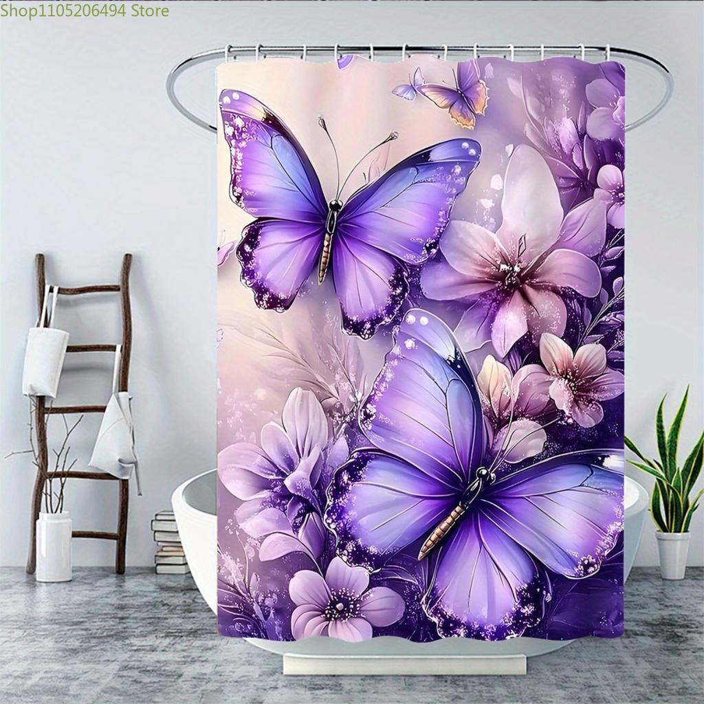 1/3/4pcs, Transform Your Bathroom with Purple Butterfly 2D FLAT Shower Curtain and Matching Rug Set - Elegant Floral Design fo