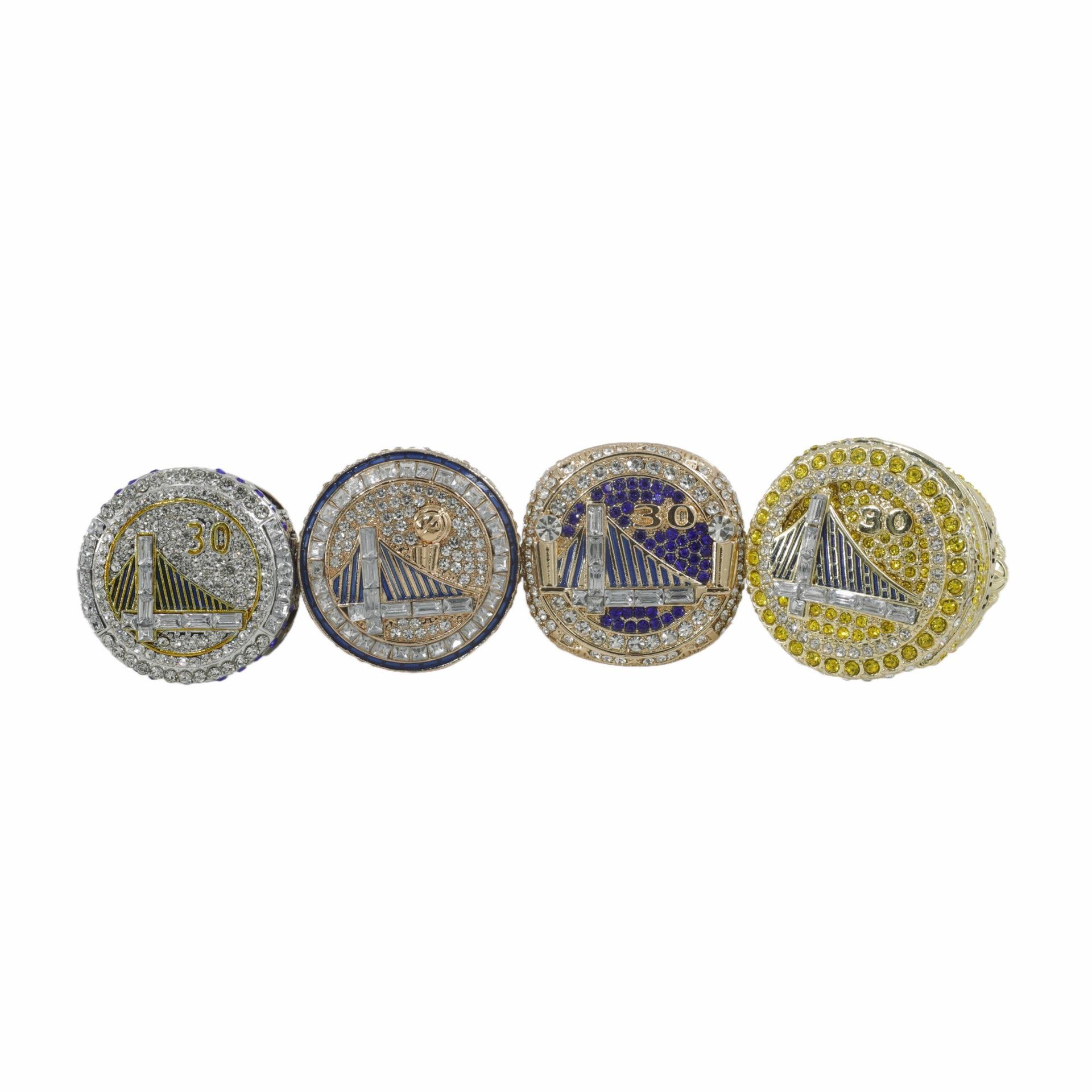 Golden State Warriors Number 30 Curry Championship Rings 4-Piece Set (2015, 2017, 2018, 2022) Size 11