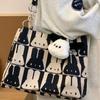 Korean Cute Rabbit Print Tote Bag Women Black White Color Block Large Capacity Shoulder Bag Ladies Canvas Fashion Underarm Bags