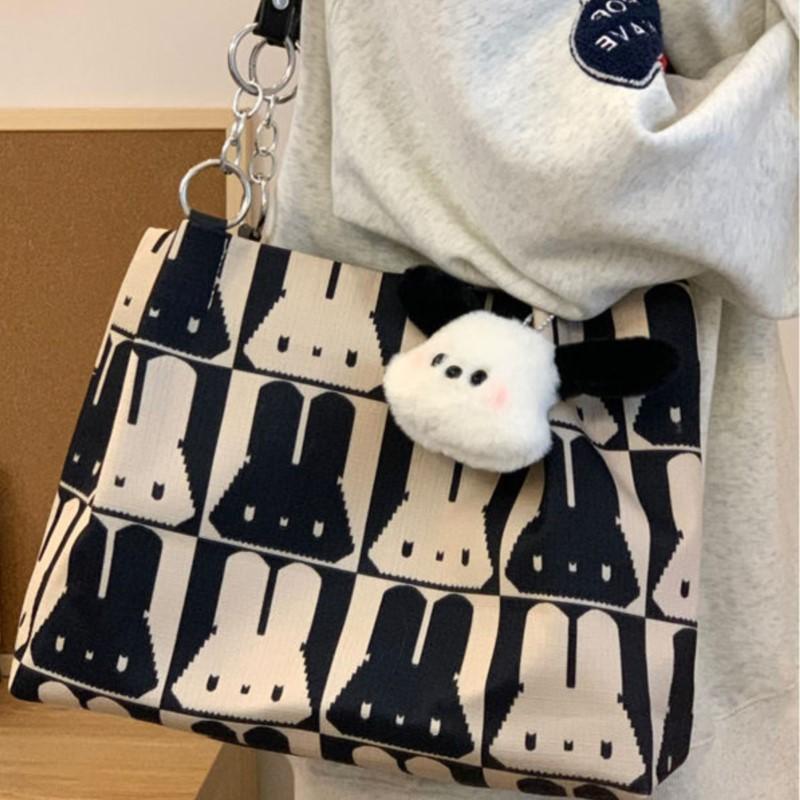 Korean Cute Rabbit Print Tote Bag Women Black White Color Block Large Capacity Shoulder Bag Ladies Canvas Fashion Underarm Bags