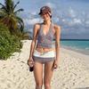 Color Blocking Plaid Hanging Neck Split Swimsuit Two-piece Set Slimming Concealing Flesh Vacation Style