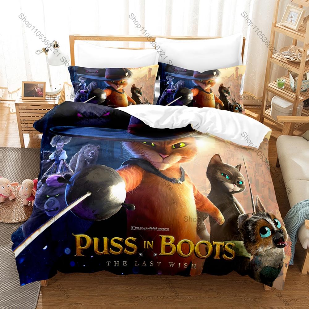 Cartoon PUSS IN BOOTS Bedding Set, Duvet Cover + 2 Pillowcases Vivid Pattern for Home Dorm Daily Use & Collection