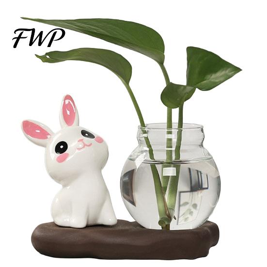 Lucky Bamboo Planter Desktop Glass Vase Holder Small Cute Ceramic Panda Hydroponic Space Decorative Ornament Flowers Plants Pot for Desk Table D