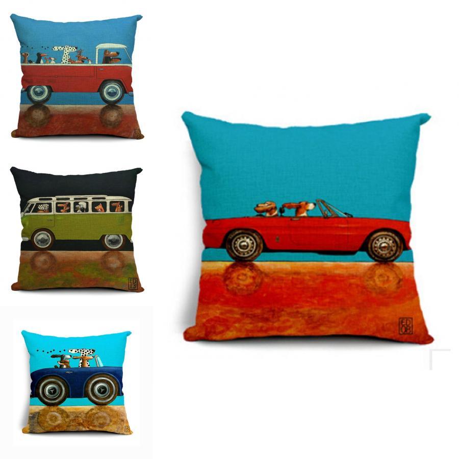 Vintage Car Dog Print Pillow Case In Beautiful Cotton Linen For Stylish Home Decor