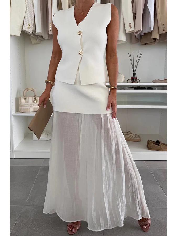 2025 Damen Sommer Schlankmachende Strickweste & Raffung Tüll Patchwork Langes Kleid Set