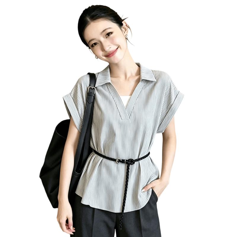 La Chapelle Women s Faux Two-Piece Striped Short Sleeve T-Shirt M белый