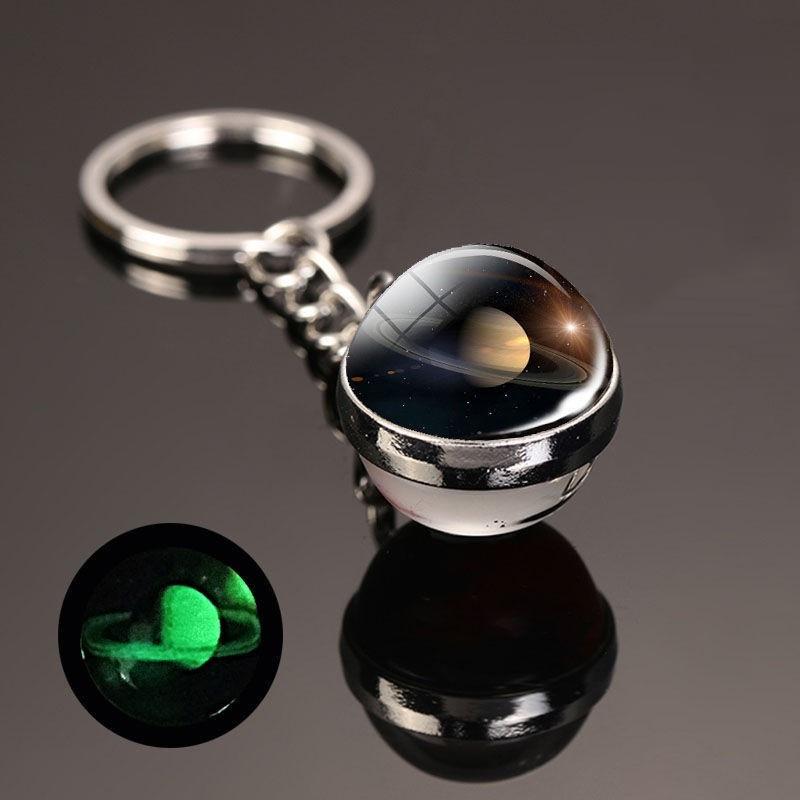 Luminous Sun Nine Planets Jupiter Milky Way Galaxy Keychain Pendant Round Double Sided Earth Keychain Bag Hanging Decor