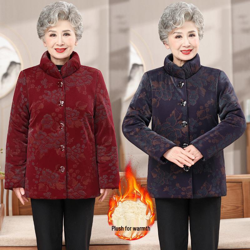Elderly Women's Winter Fleece-Lined Cotton Jacket for 70-80 Year Olds