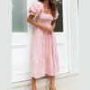 Women Dress Plaid Print Puffy Sleeve Square Collar High Waist Summer Swing Dress for Party