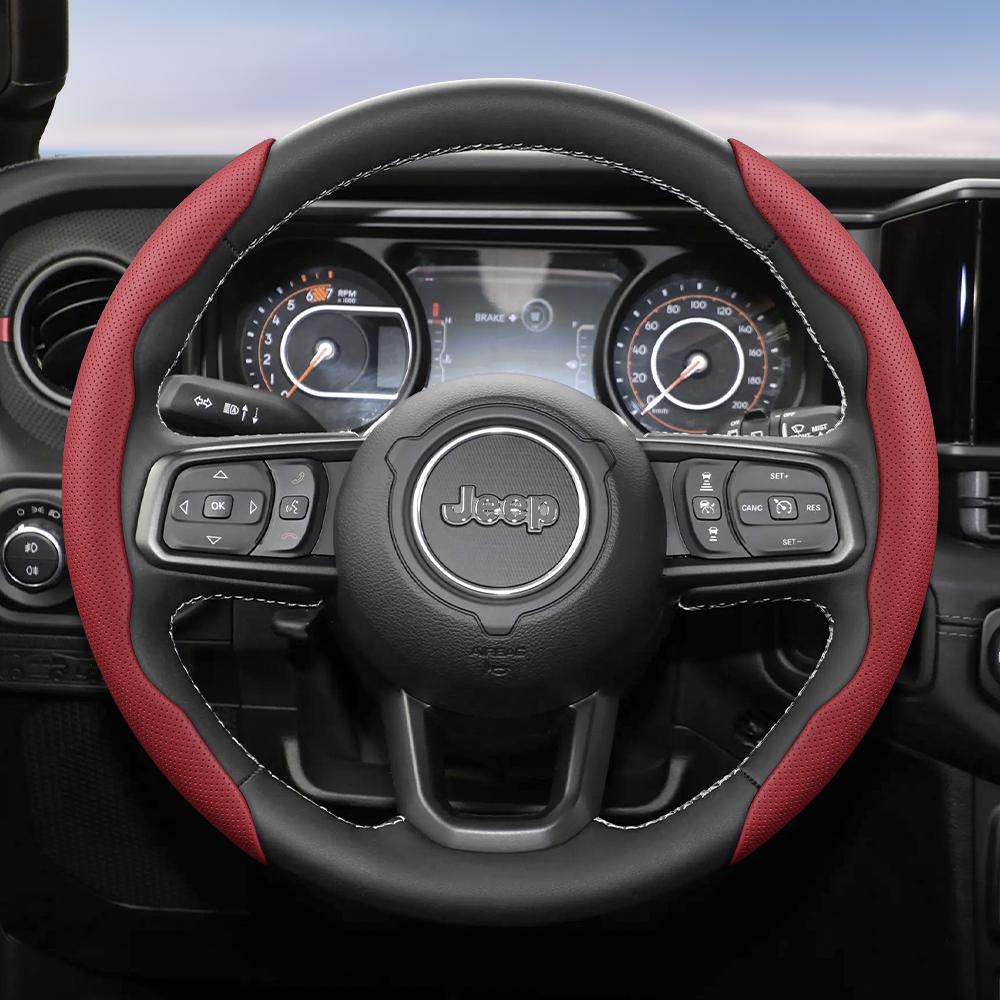 Suitable for Jeep Breathable Hole Leather Steering Wheel Cover Segmented Quick Release Design Non-Slip Durable Compass Renegade Wrangler Grand C AMU1