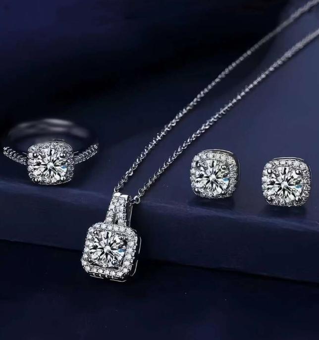 

Luxury Square Zircon Crystal Earring Necklace Ring 3 Piece Set for Women Silver Color Princess Bride Wedding Banquet Jewelry Set