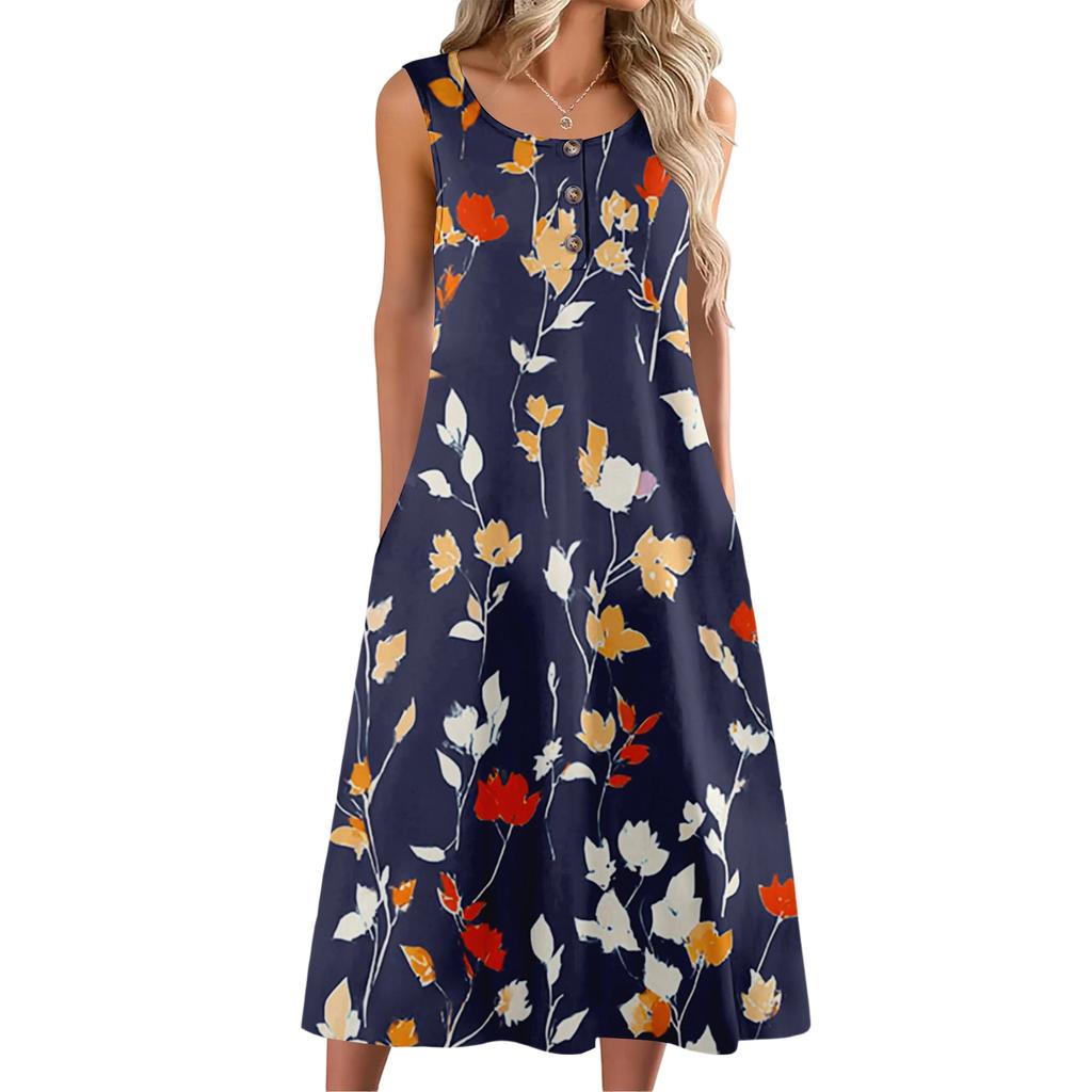Women's Fashion Casual Sleeveless Button Floral Print Dress with Pocket