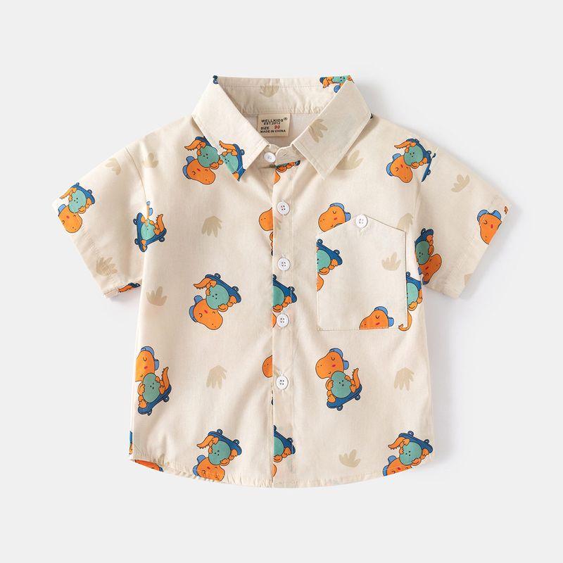 Boys' Car Printed Shirt Pure Cotton Summer Baby Boy Short Sleeve Shirt Children Dinosaur Half Sleeve Tops Seaside Vacation
