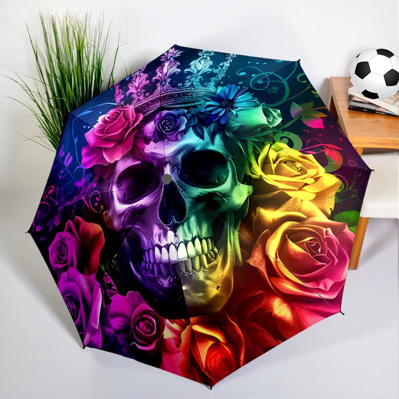 Sugar Skull Rose Umbrella Automatic Open/close, Sturdy Iron Frame & 8-Rib Structure, Umbrella for Women & Men, Christmas Gifts