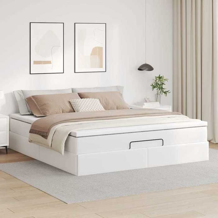 Cadre de lit ottoman - 180x200 cm - Similicuir blanc - Rangement sous le lit - Surmatelas inclus