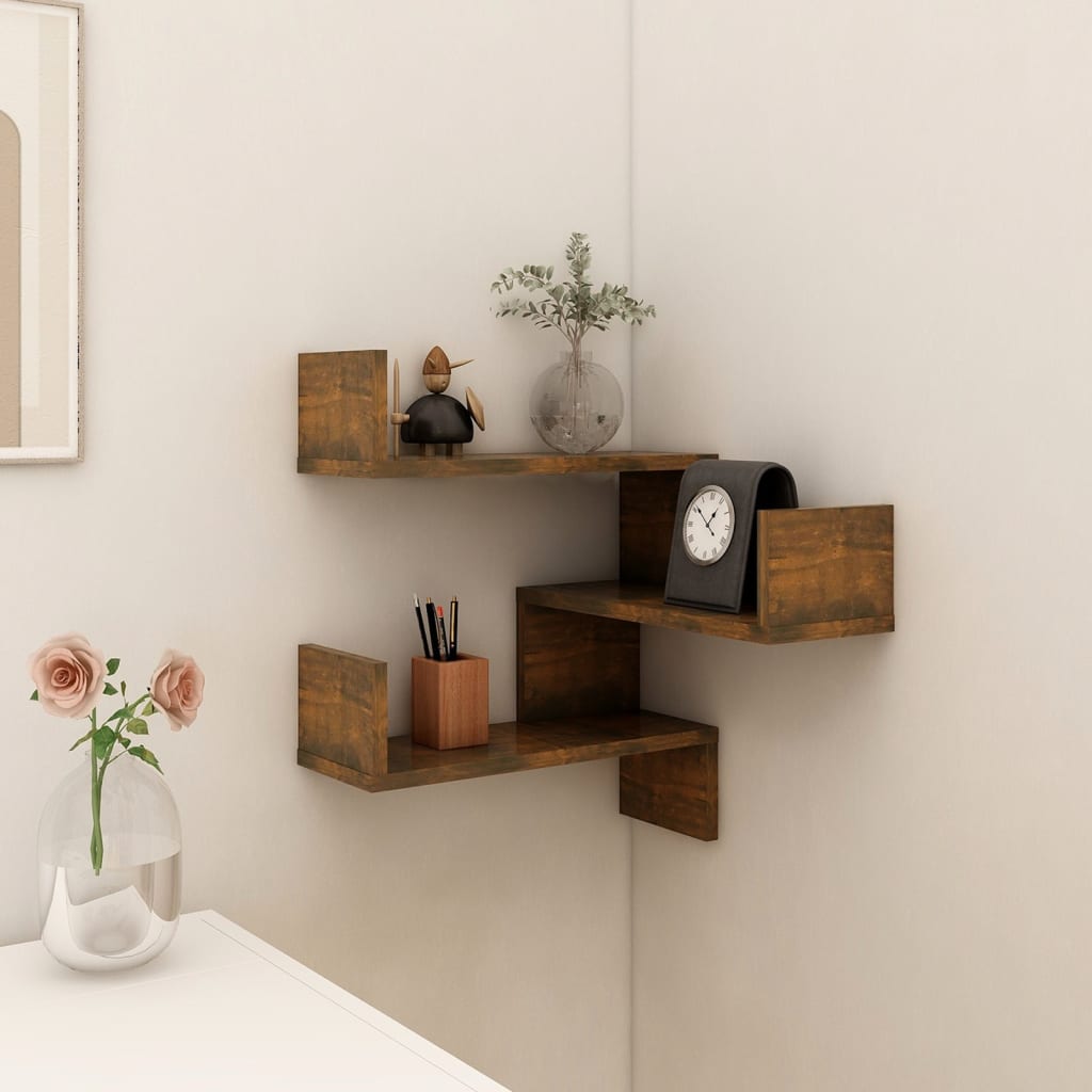 Wall Mounted Corner Shelf Smoked Oak Finish 40 X 40 X 50 Cm Engineered Wood